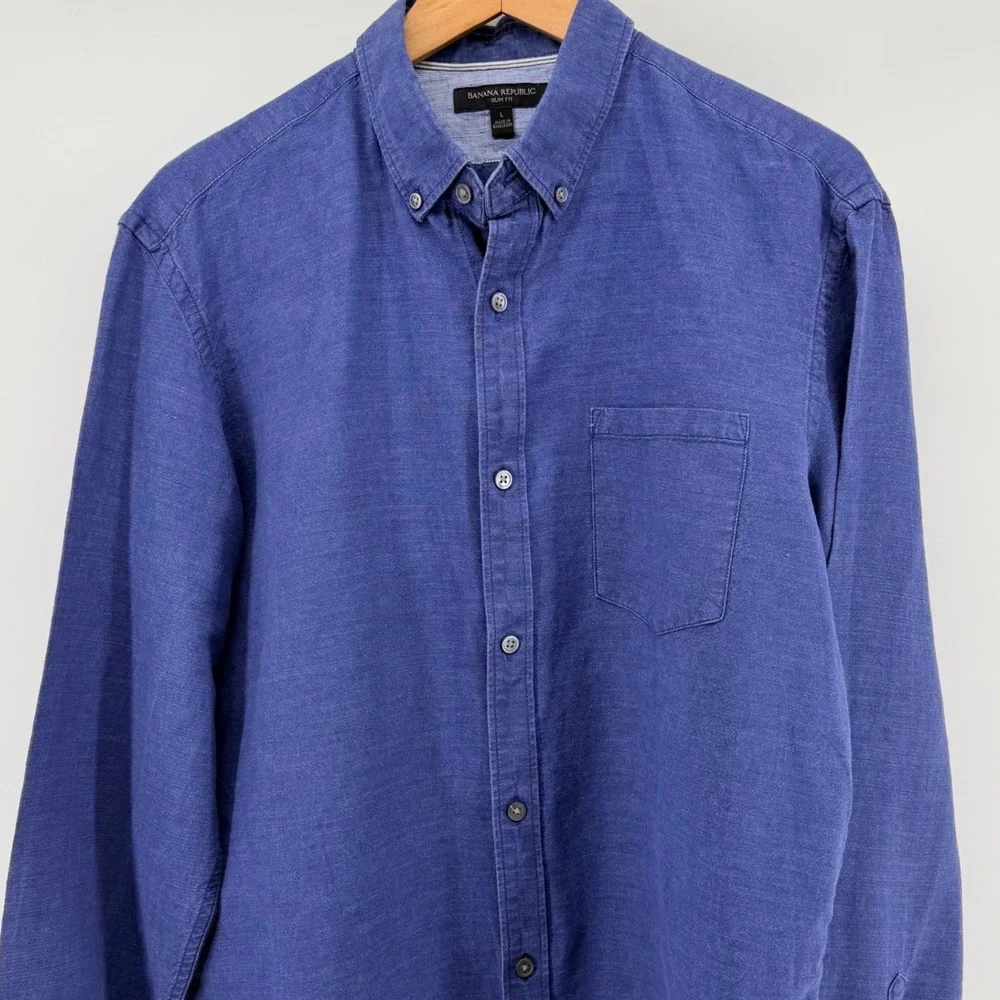 Banana Republic Mens Slim Fit Linen Cotton Button Down Shirt Blue Large L